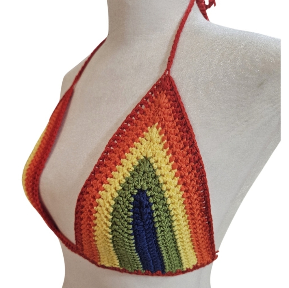 Handmade Crochet Crop-Top Rainbow Colors Deep V Swimming Cover-up top Colorful - Picture 4 of 17